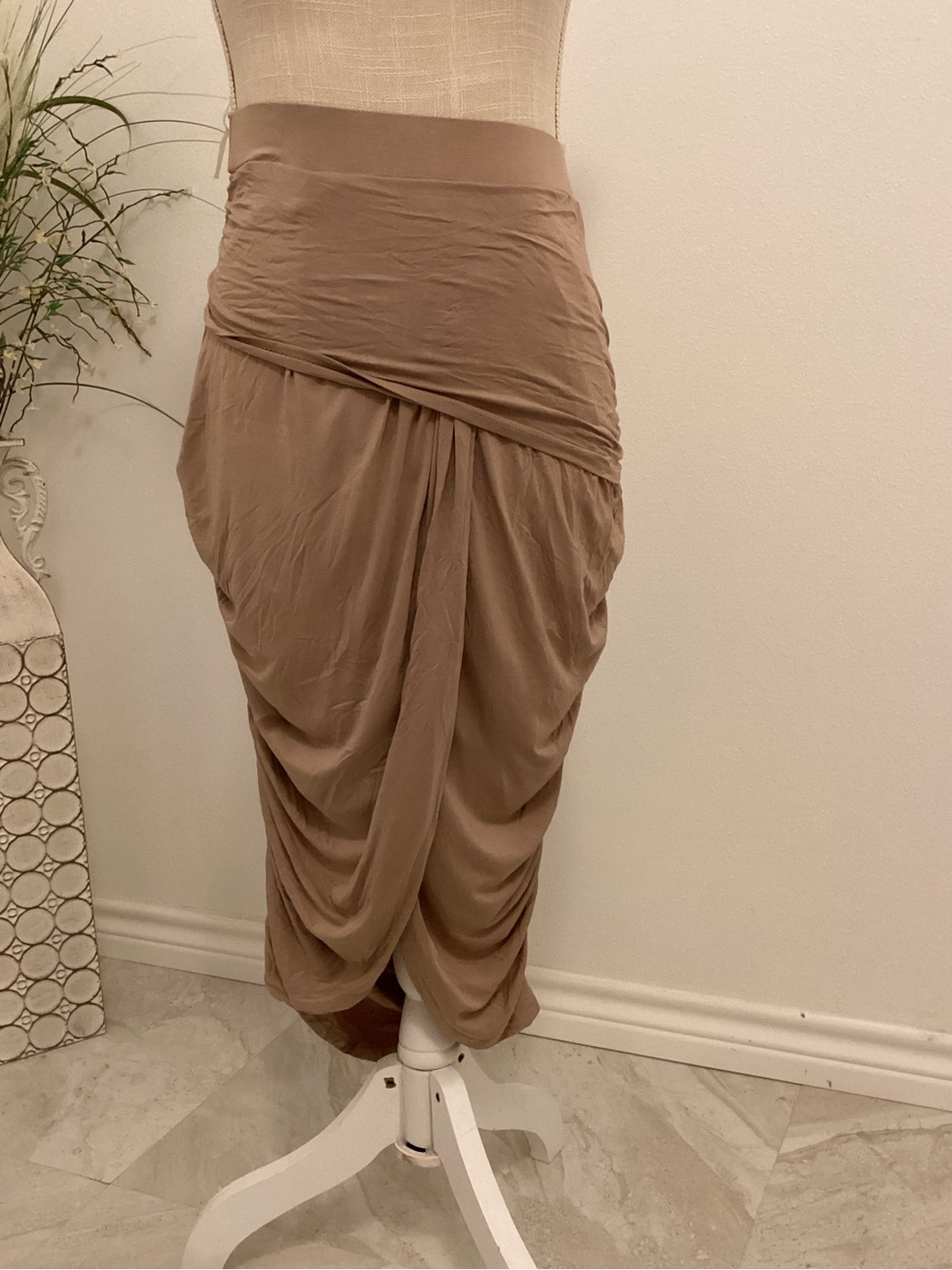 Vizio Taupe Asymmetrical Draped Midi Skirt
